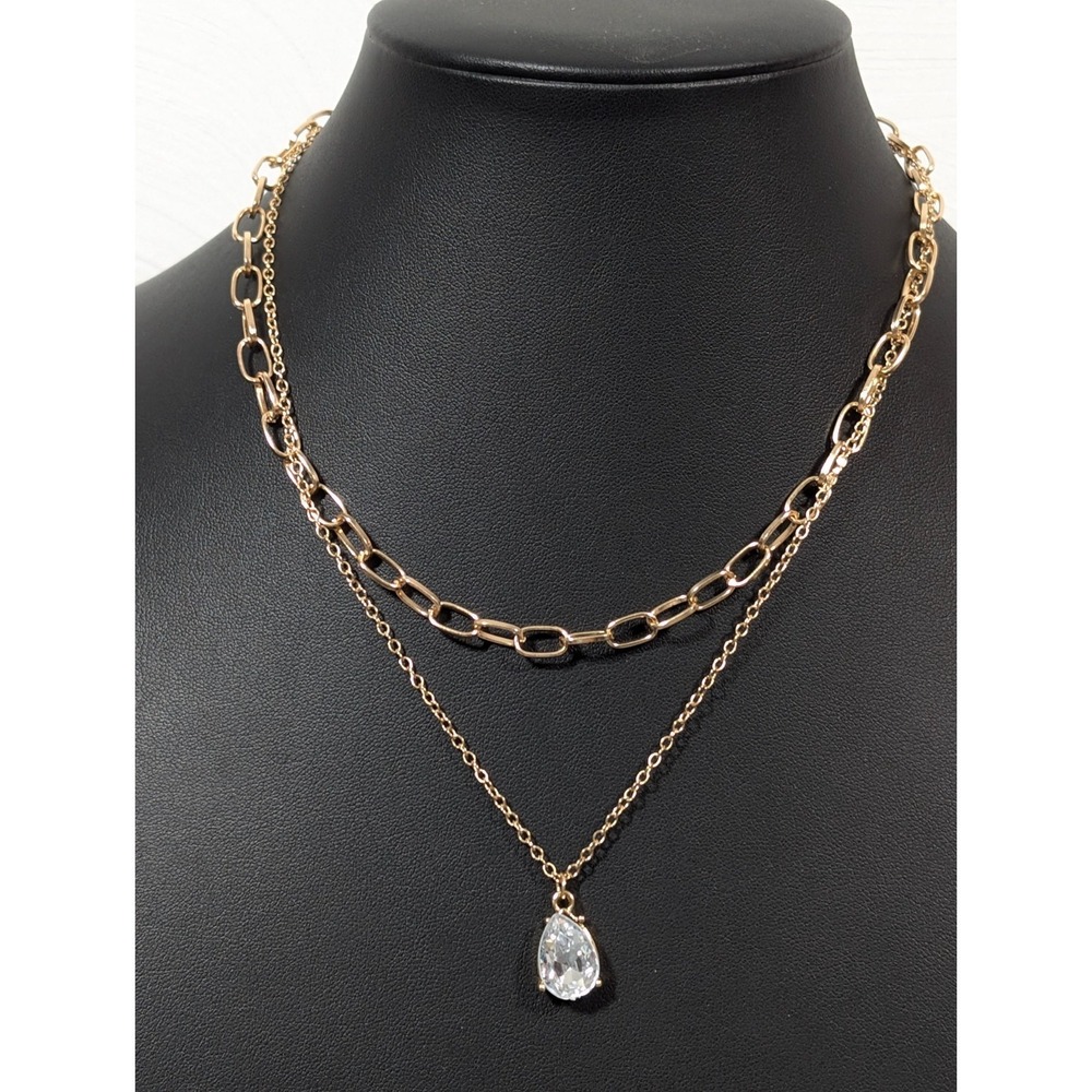 Retro Gold Tone Layered Chain Teardrop Rhinestone Charm Necklace Classic 17"